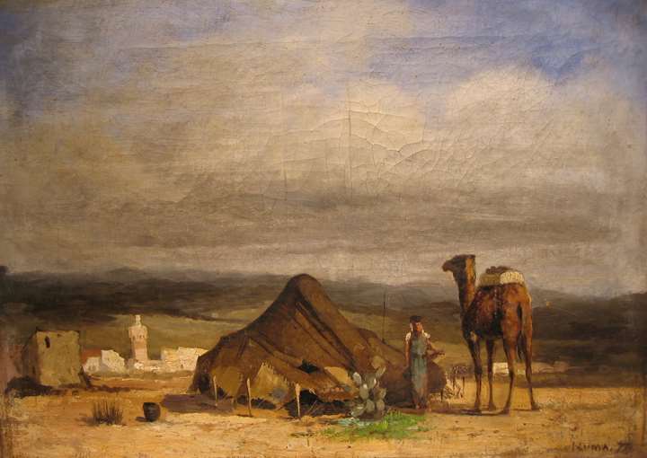 Algerian landscape with figure and camel by an encampment